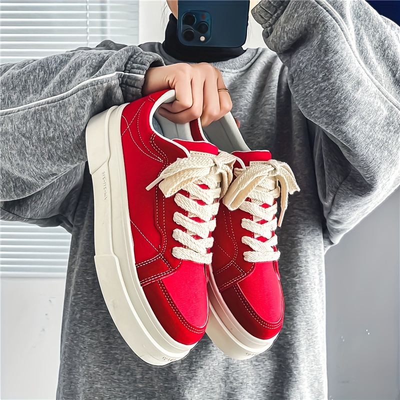 Men's Trendy Solid Skate Shoes, Lace Up Comfy Non Slip Stree Style Sneakers For All Seasons Outdoor Workout Activities