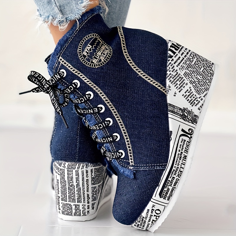 womens solid color denim boots lace up trendy platform comfy shoes versatile round toe wedge shoes details 5
