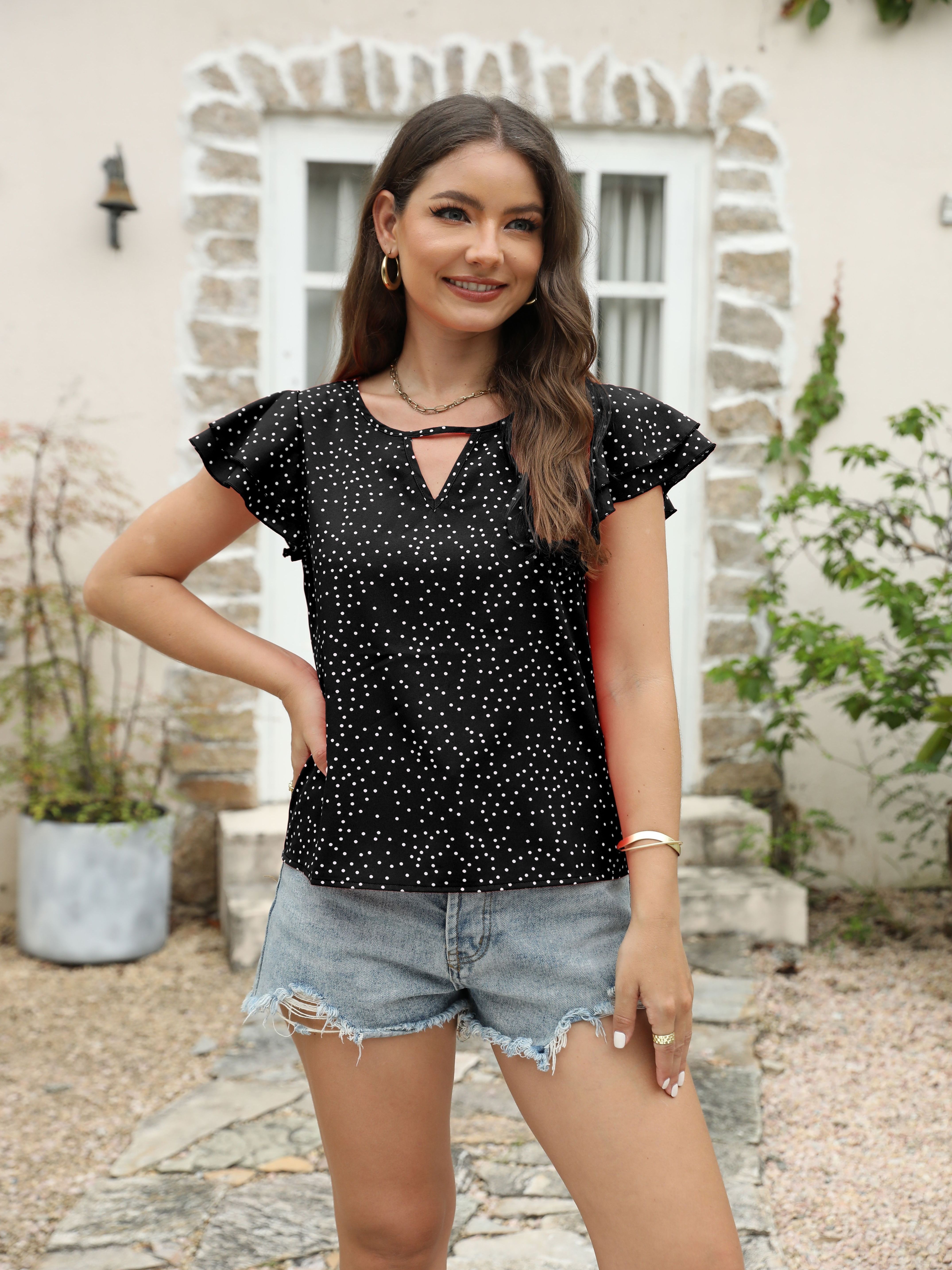 polka dot ruffle layered hem blouse crew neck casual blouse for spring summer womens clothing details 14