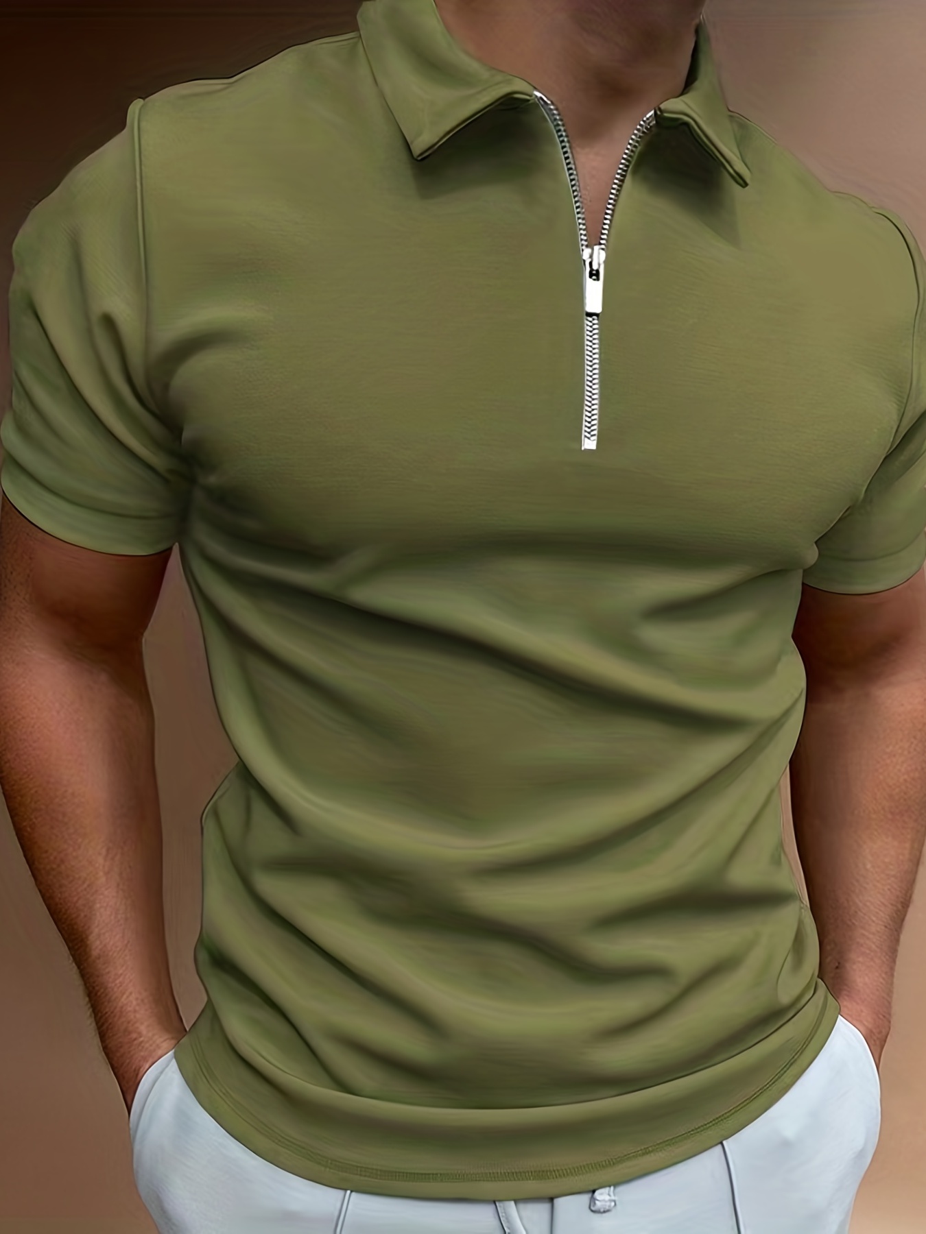 solid color mens casual short sleeves zipper shirts lapel collar tops pullovers mens clothing for summer details 12
