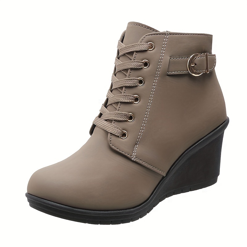 womens wedge ankle boots solid color lace up side zipper boots retro buckle strap short boots details 9