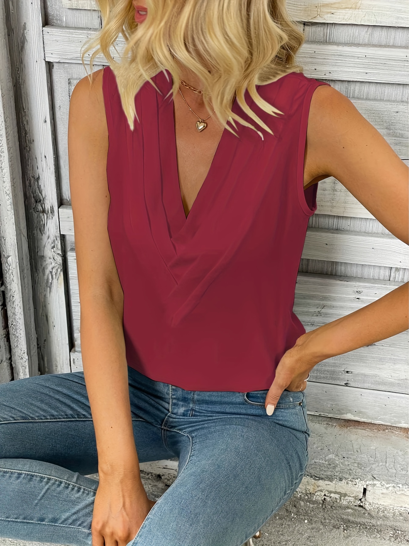 ruched v neck blouse casual sleeveless solid versatile blouse womens clothing details 16