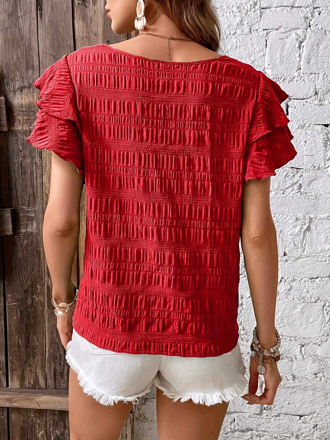 solid textured crew neck blouse elegant layered ruffle trim blouse for spring summer womens clothing details 6