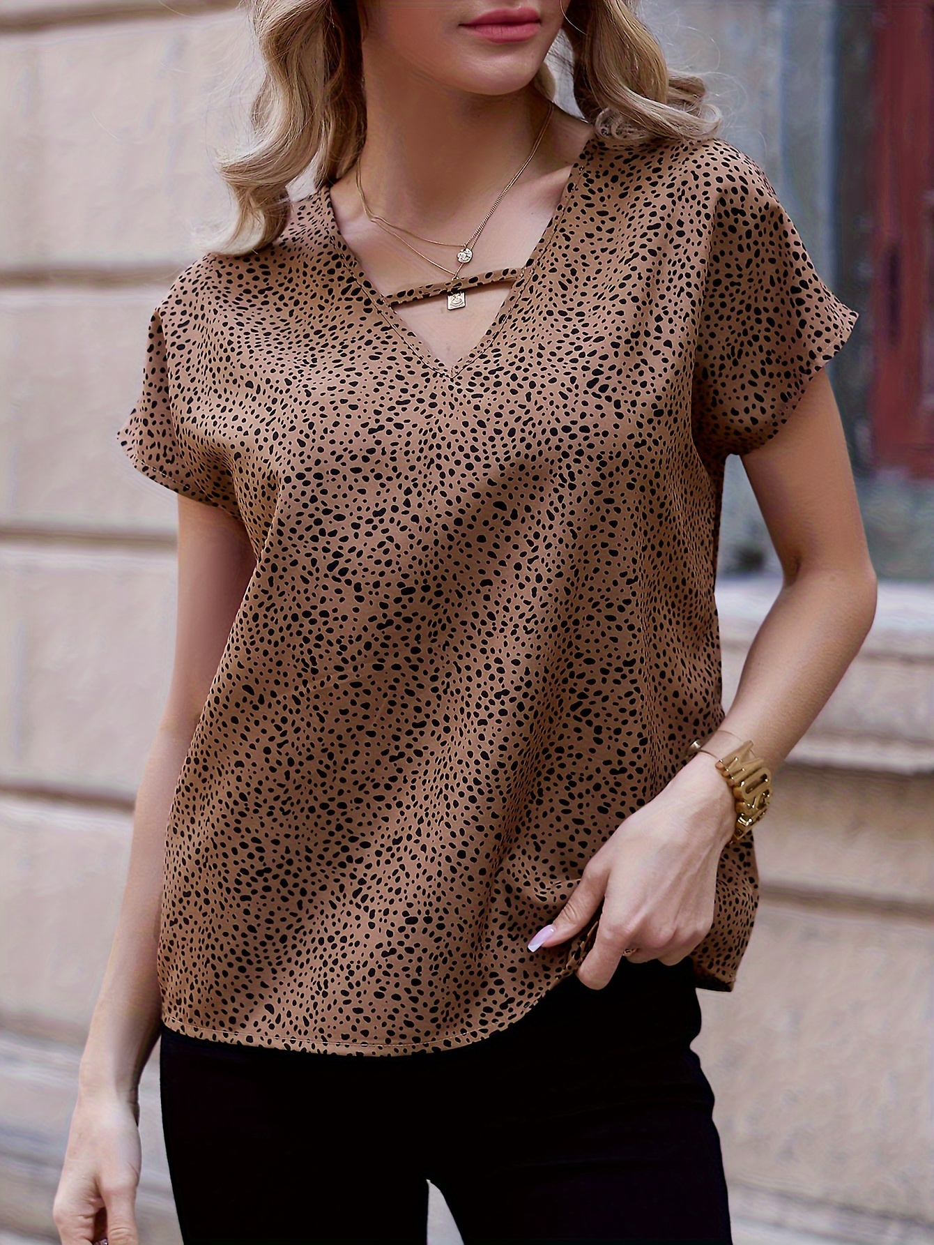 dalmatian print v neck blouse casual short sleeve top for spring summer womens clothing details 3