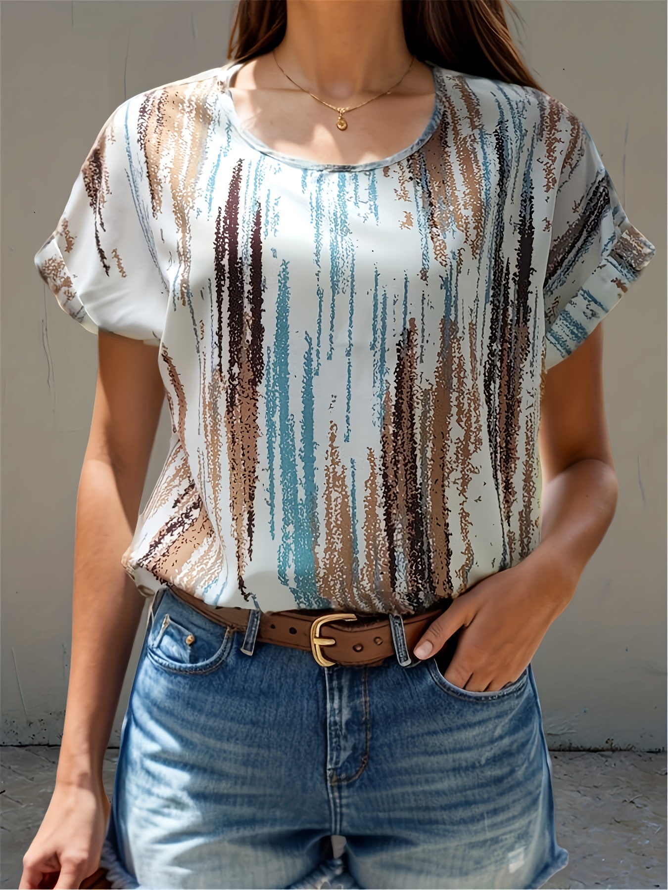 abstract print blouse casual short sleeve crew neck blouse womens clothing details 0