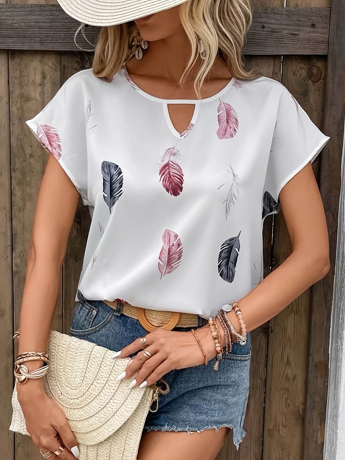 feather print crew neck blouse casual short sleeve blouse for spring summer womens clothing details 8