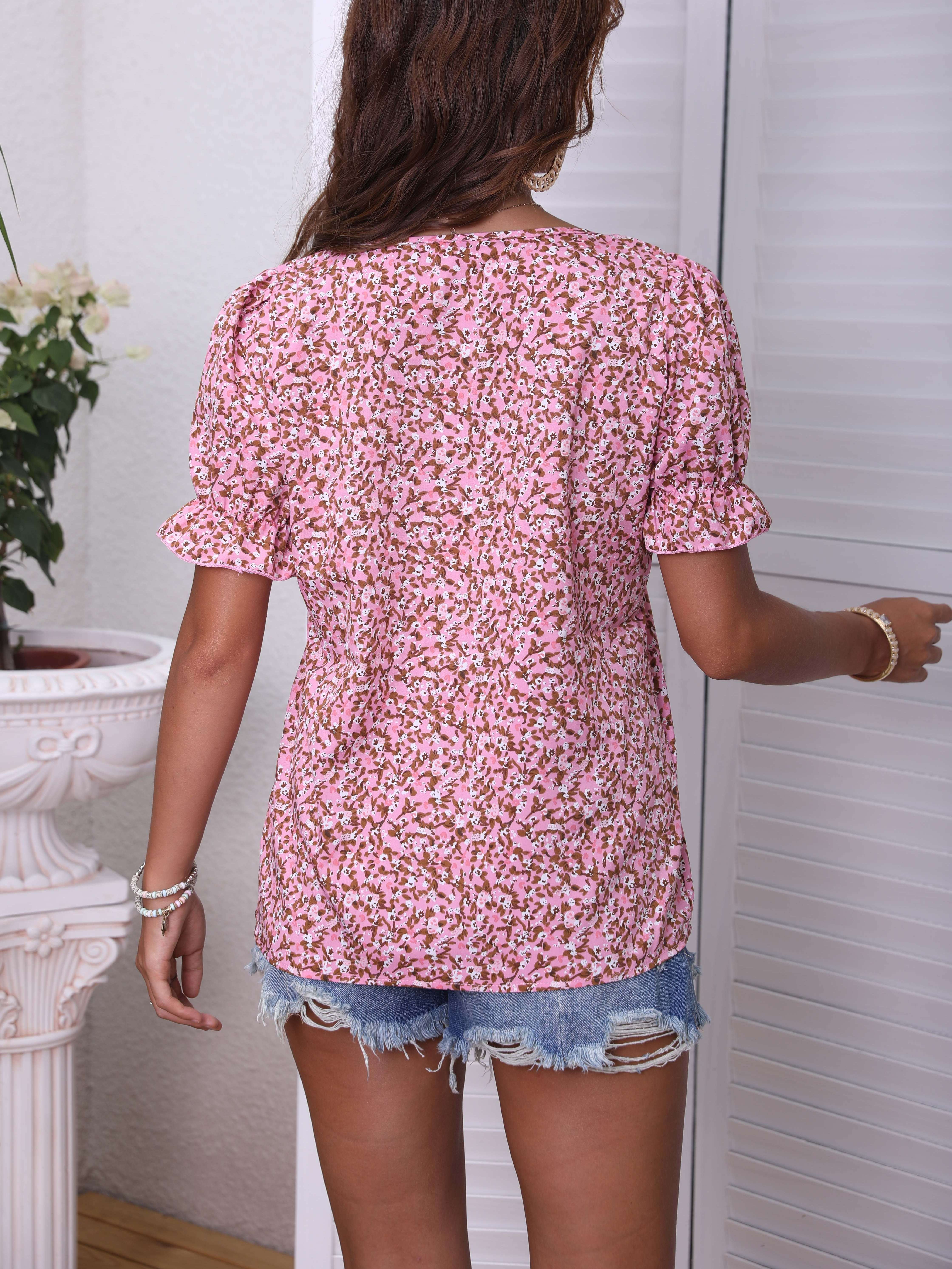 floral print puff sleeve blouse casual squared neck summer blouse womens clothing details 6