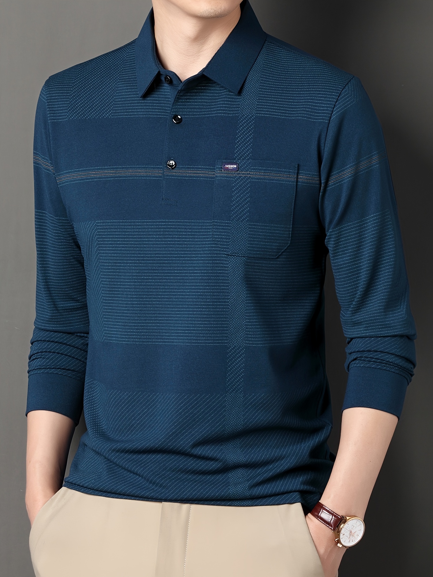 retro mature style mens comfortable long sleeve lapel shirt with chest pocket spring fall details 4