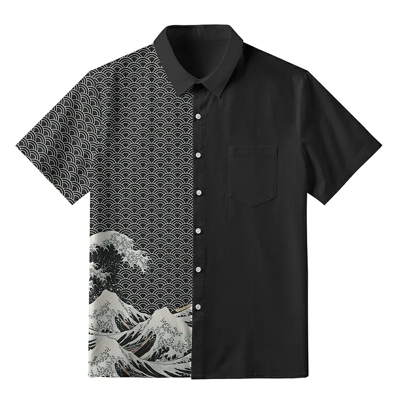 Soft High Elasticity Casual Tropical  Half Of The Wave  Shirt Hawaiian Shirt