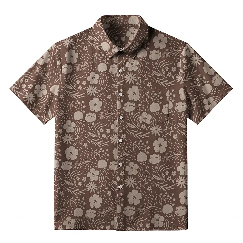 Soft High Elasticity Casual Tropical  Mocha Floral Hawaiian Shirt