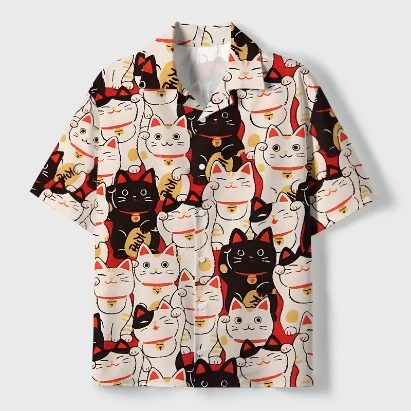 Soft High Elasticity Casual Cute cat Cuban Collar Hawaiian Shirt