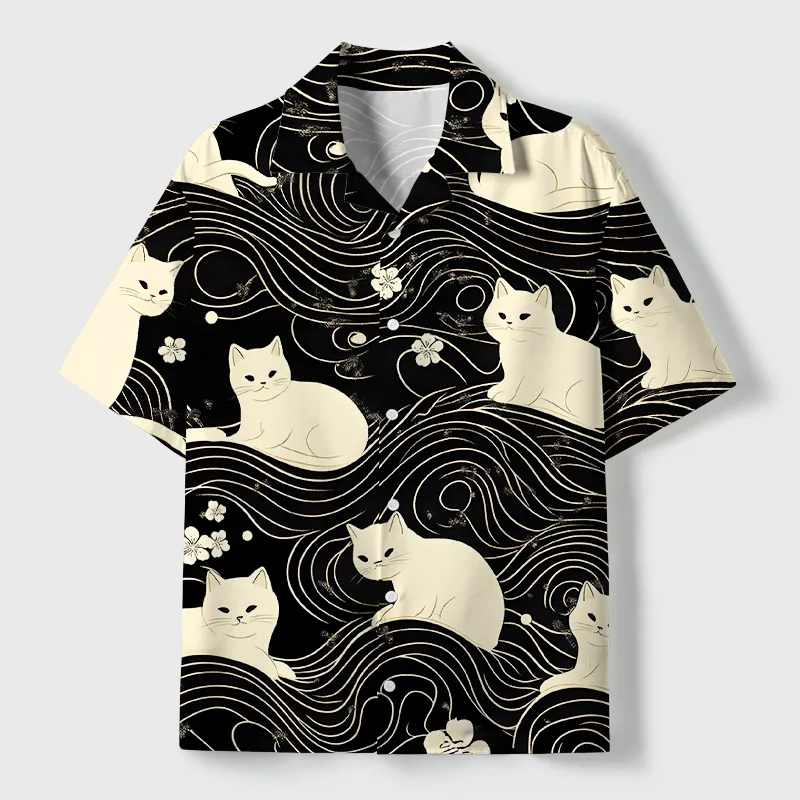 Soft High Elasticity Casual Mysterious Cat Cuban Collar Hawaiian Shirt