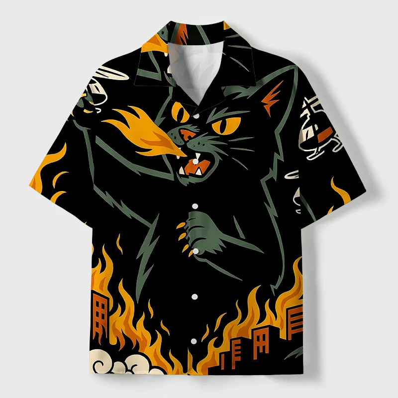 Soft High Elasticity Casual City Destroyer Cat Monster Cuban Collar Hawaiian Shirt