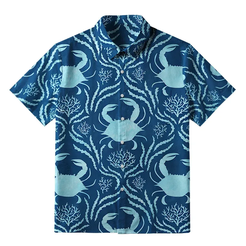 Soft High Elasticity Casual  Crab And Seaweed Aloha Hawaiian Shirt