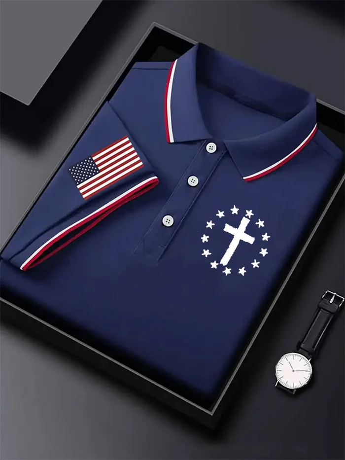 Men's Business Casual Independence Day Striped Button Short Sleeve Polo Shirt