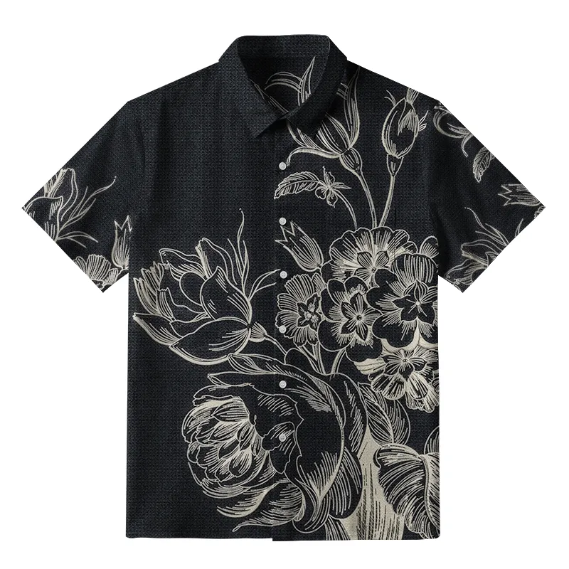 Soft High Elasticity Casual Tropical Monochrome Floral Print Short Sleeve Breathable Shirt