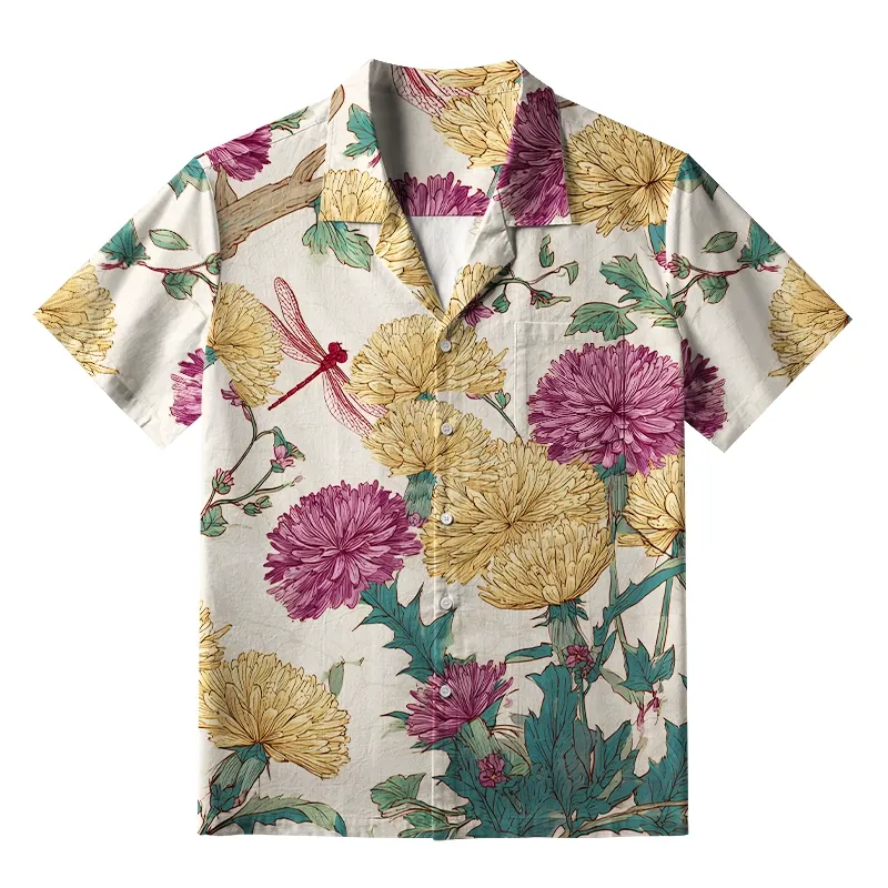 Soft High Elasticity Casual Tropical  Vivid Chrysanthemums In Nature Hawaiian Shirt