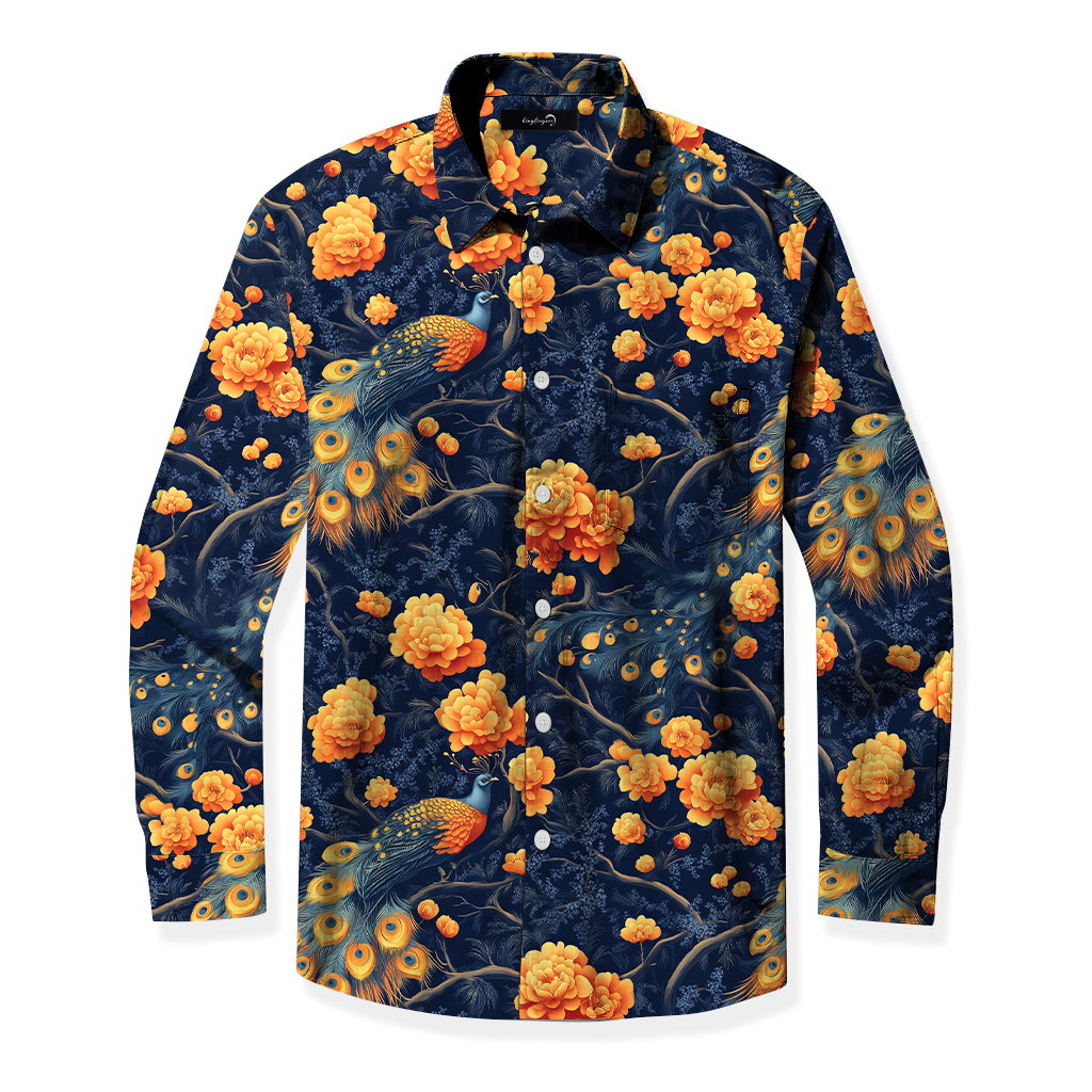 Men's Mid Cotton Button-down Aloha Shirt fashion printed pattern long-sleeved Shirt