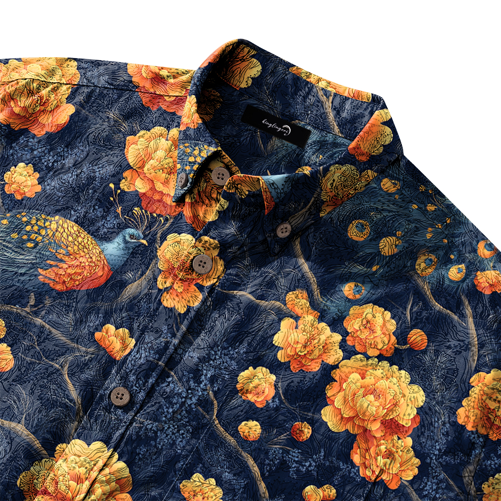 Men's Mid Cotton Button-down Aloha Shirt fashion printed pattern long-sleeved Shirt