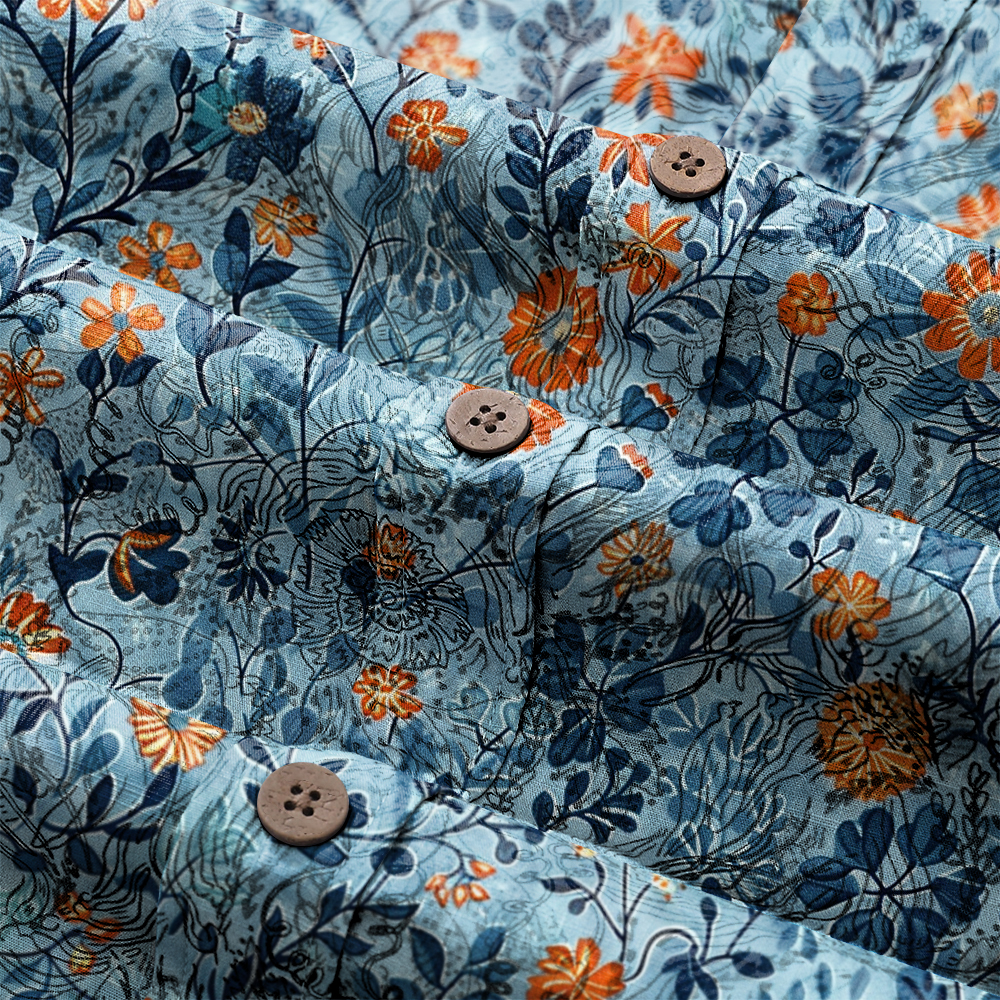 100% Cotton Soft High Elasticity Casual Tropical Print Short Sleeve Breathable Shirt