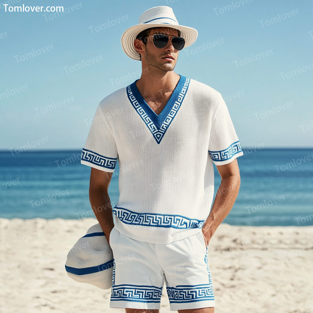 Men's V-neck luxury textured print shorts Set