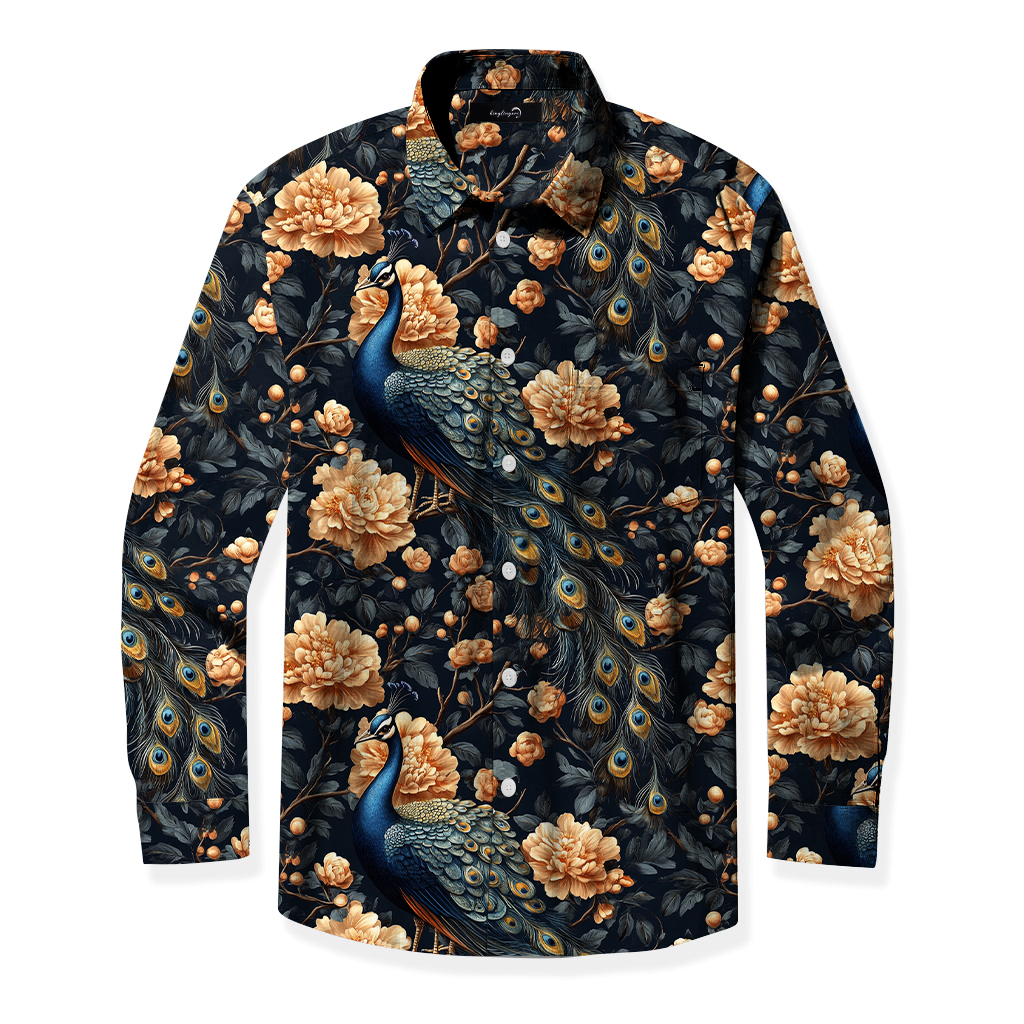 Men's Mid Cotton Button-down Aloha Shirt fashion printed pattern long-sleeved Shirt