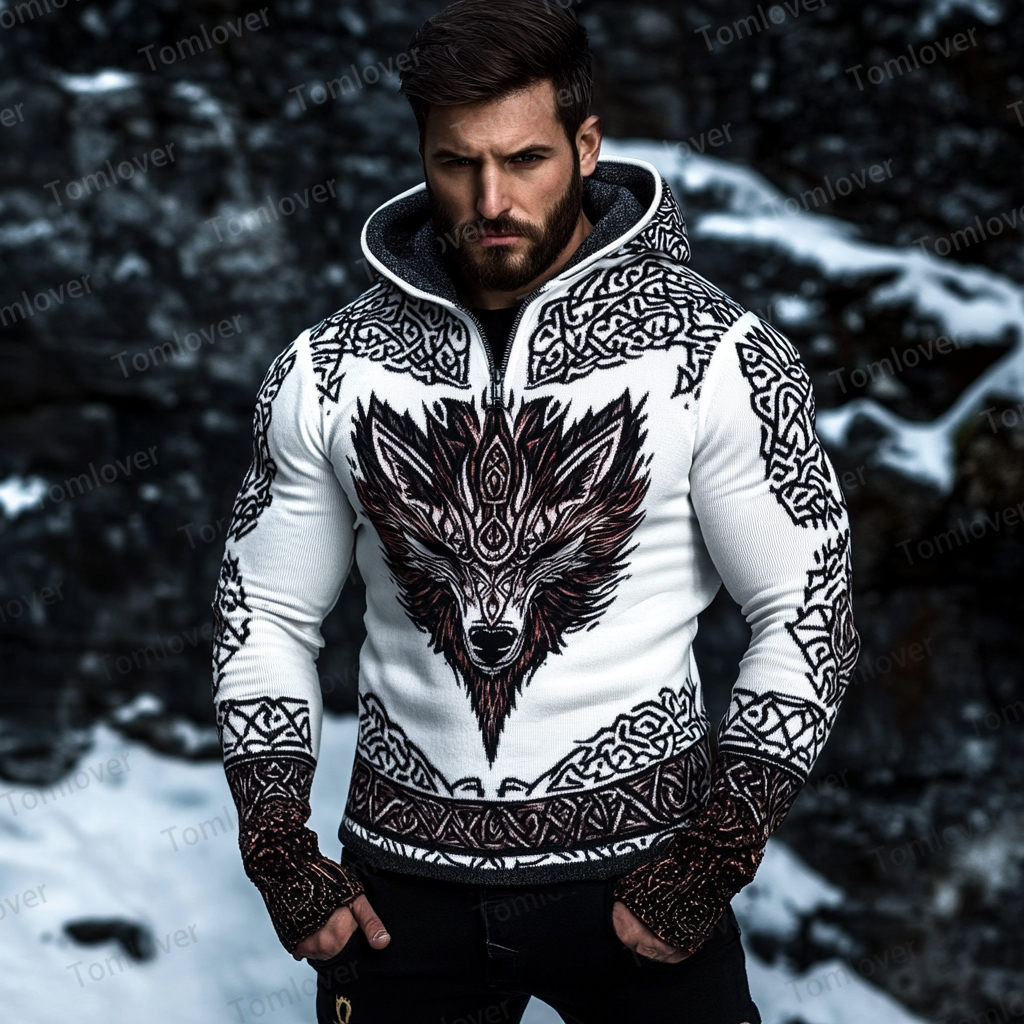 Men's Viking Wolf Inspired Celtic Chunky Hooded Sweater