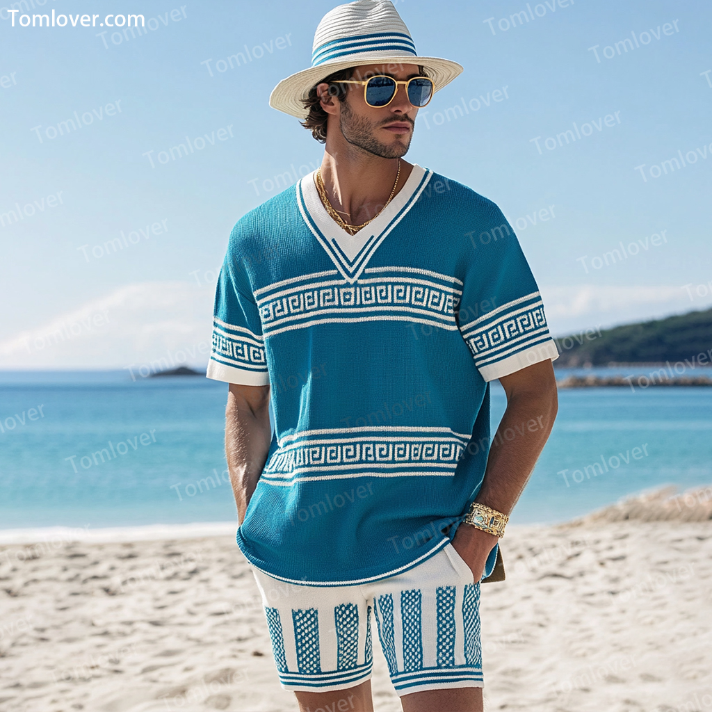 Men's V-neck luxury textured print shorts Set