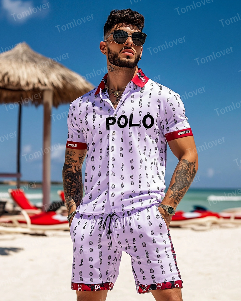 Men's Vintage Beige Splicing Print POLO Short Sleeve Shorts Suit