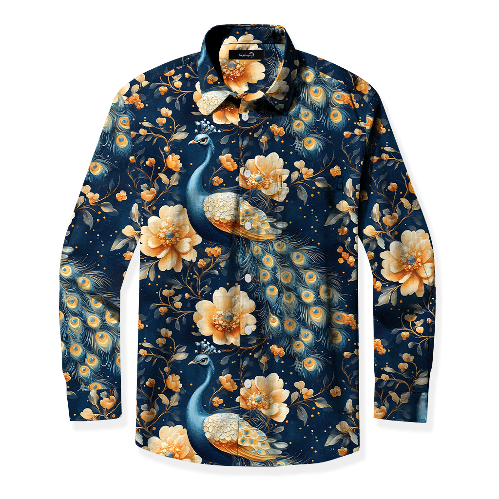 Men's Mid Cotton Button-down Aloha Shirt fashion printed pattern long-sleeved Shirt