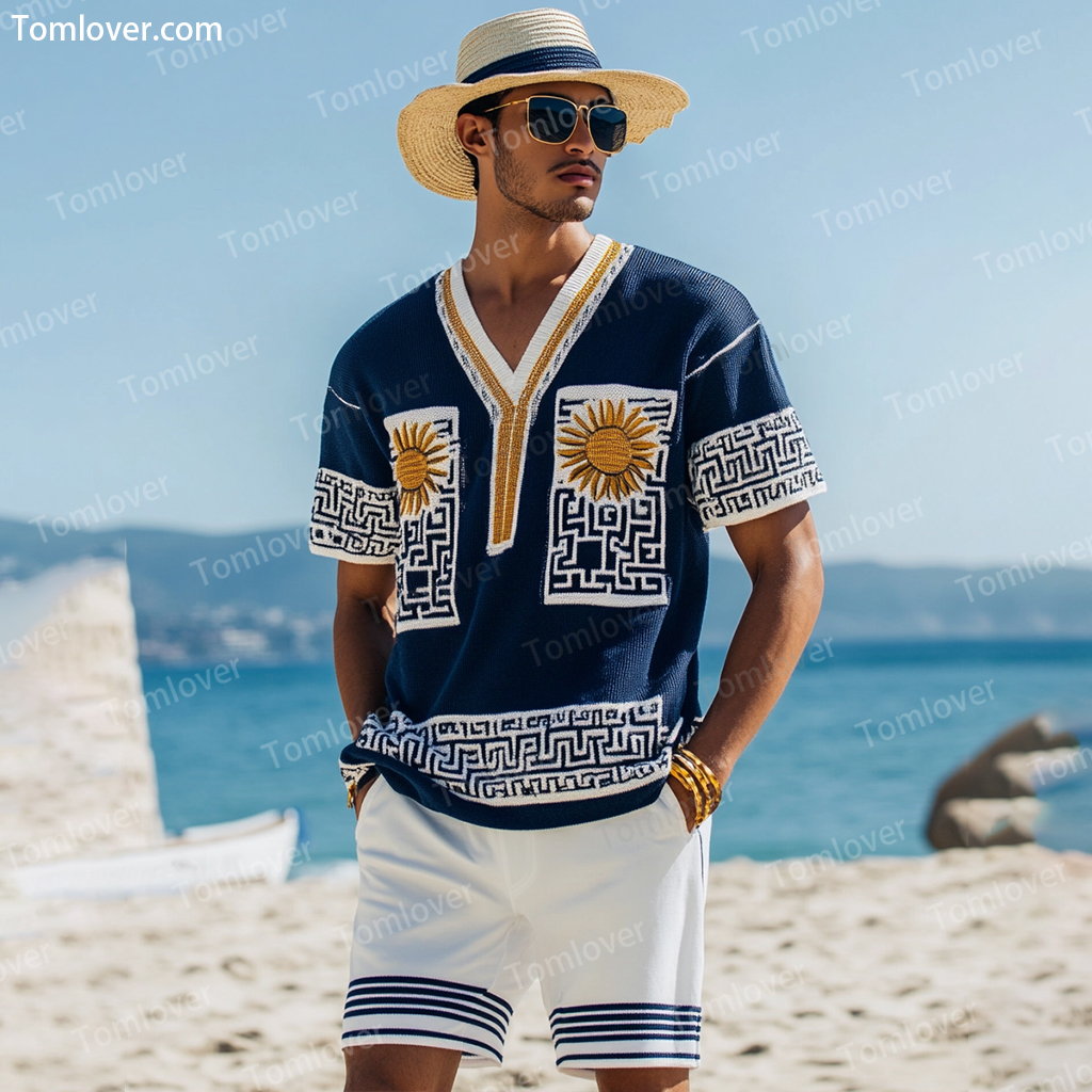 Men's V-neck luxury textured print shorts Set
