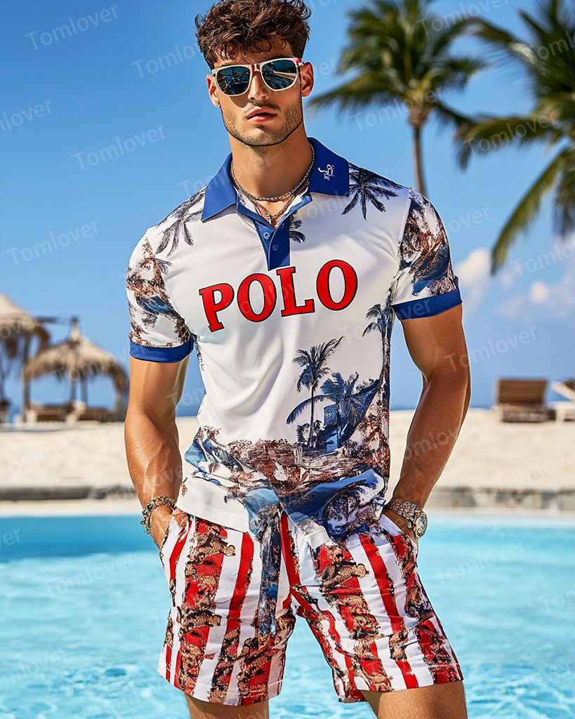 Men's Vintage Beige Splicing Print POLO Short Sleeve Shorts Suit