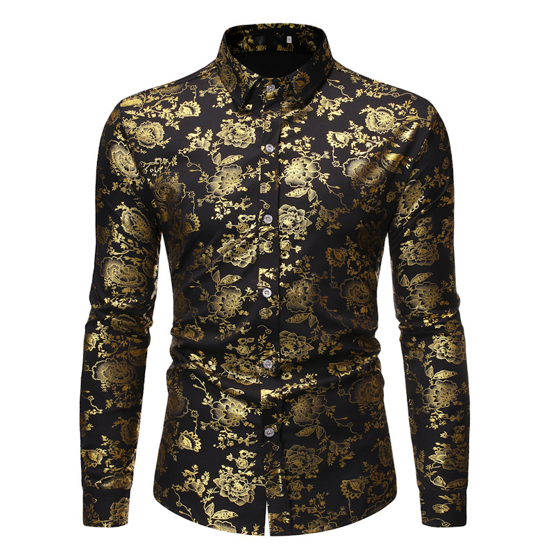 Men's fashionable shiny gold foil inlaid diamond lapel performance long sleeved shirt