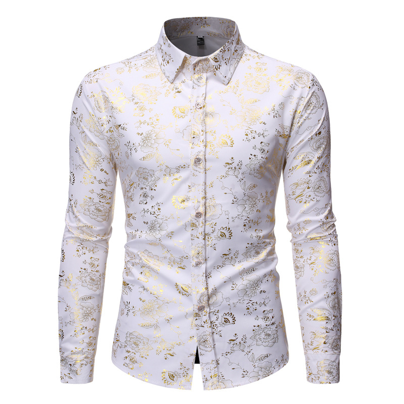 Men's fashionable shiny gold foil inlaid diamond lapel performance long sleeved shirt