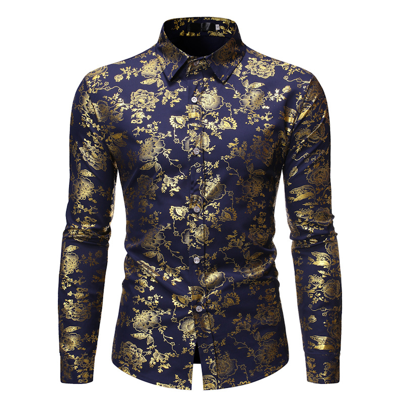 Men's fashionable shiny gold foil inlaid diamond lapel performance long sleeved shirt
