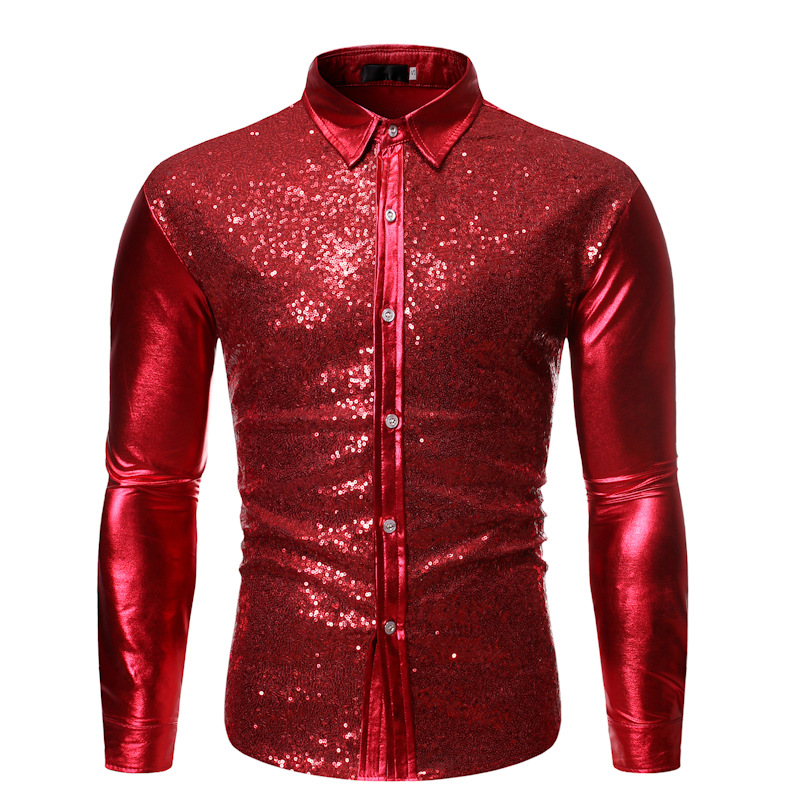 Men's fashionable shiny gold foil inlaid diamond lapel performance long sleeved shirt