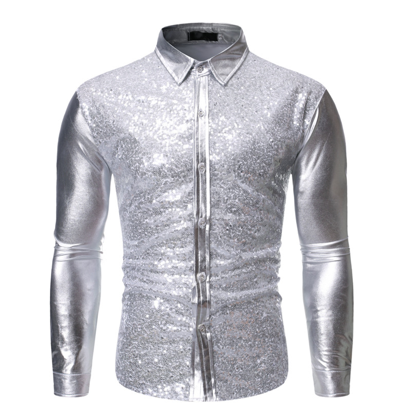 Men's fashionable shiny gold foil inlaid diamond lapel performance long sleeved shirt