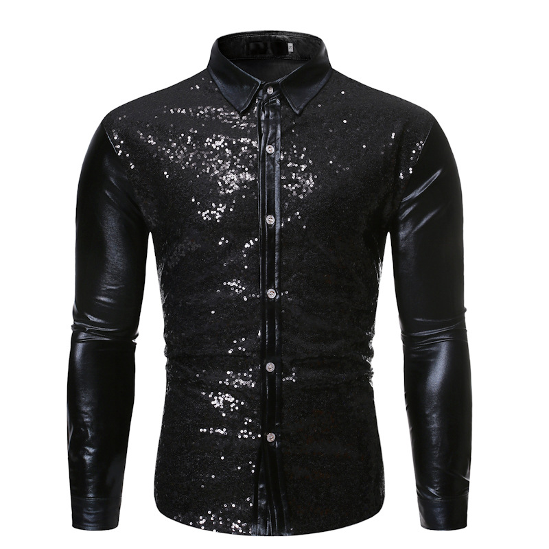 Men's fashionable shiny gold foil inlaid diamond lapel performance long sleeved shirt