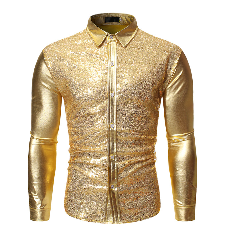 Men's fashionable shiny gold foil inlaid diamond lapel performance long sleeved shirt
