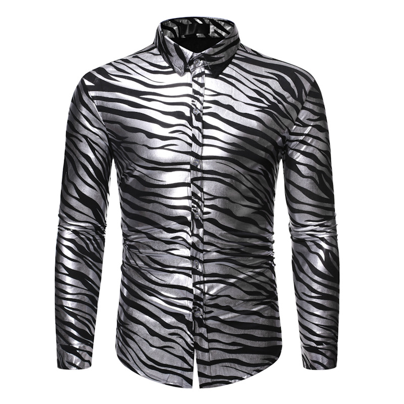Men's fashionable shiny gold foil inlaid diamond lapel performance long sleeved shirt