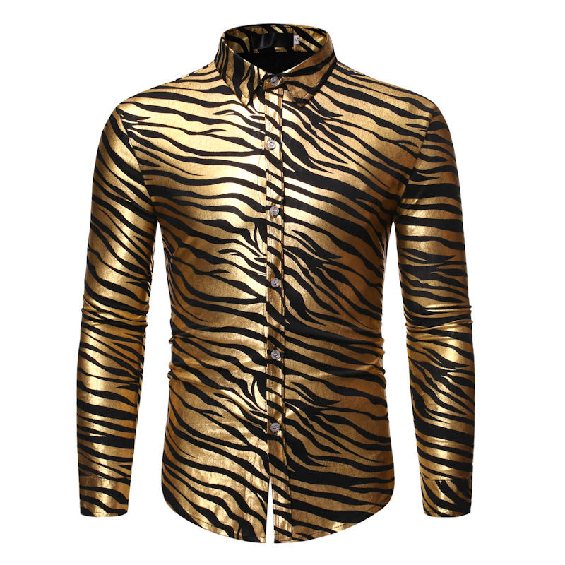 Men's fashionable shiny gold foil inlaid diamond lapel performance long sleeved shirt