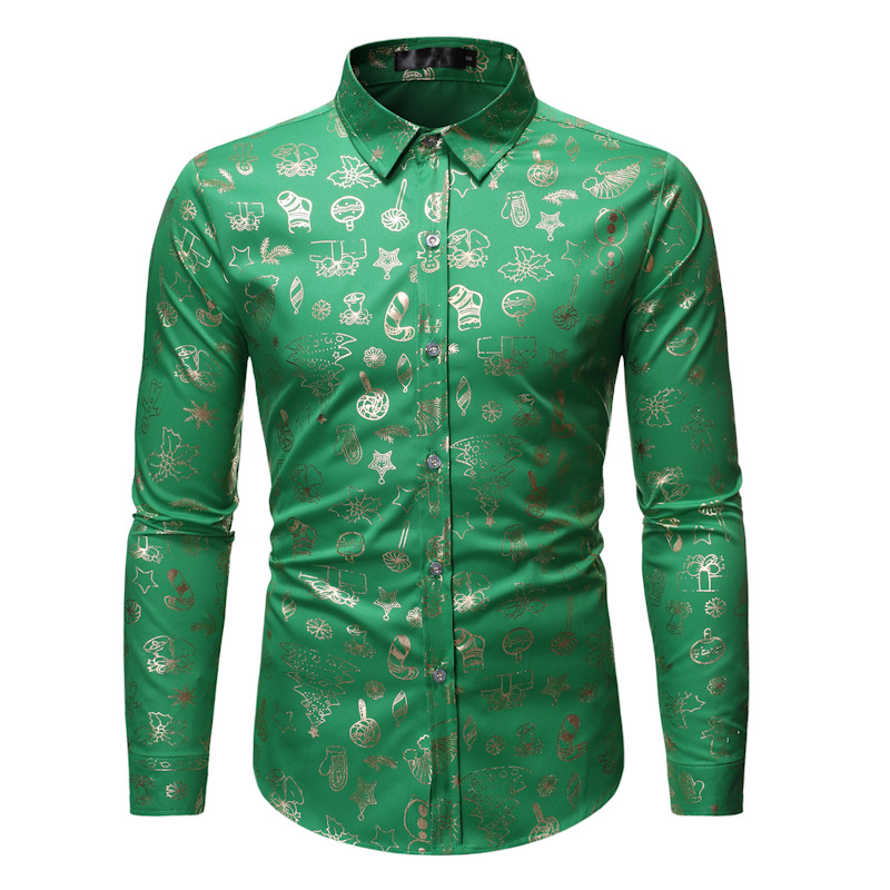 Men's fashionable shiny gold foil inlaid diamond lapel performance long sleeved shirt