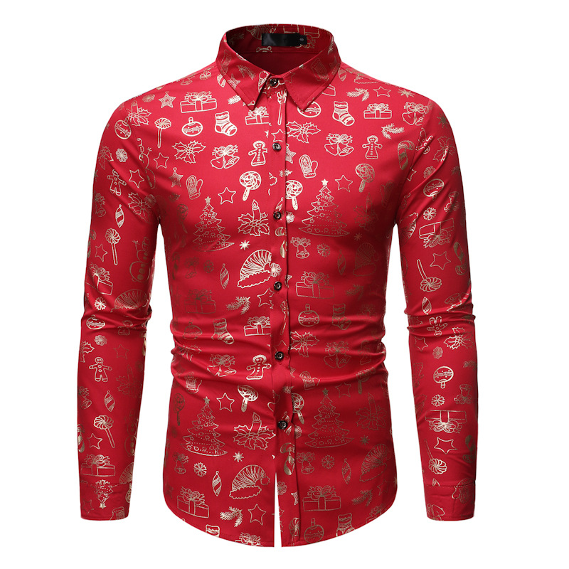 Men's fashionable shiny gold foil inlaid diamond lapel performance long sleeved shirt