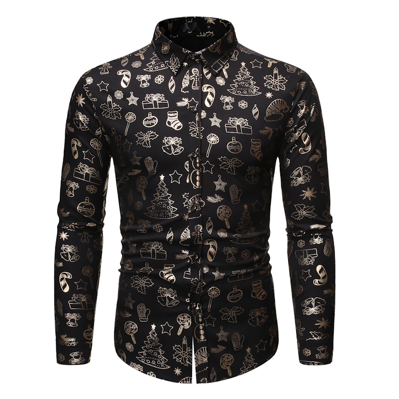 Men's fashionable shiny gold foil inlaid diamond lapel performance long sleeved shirt