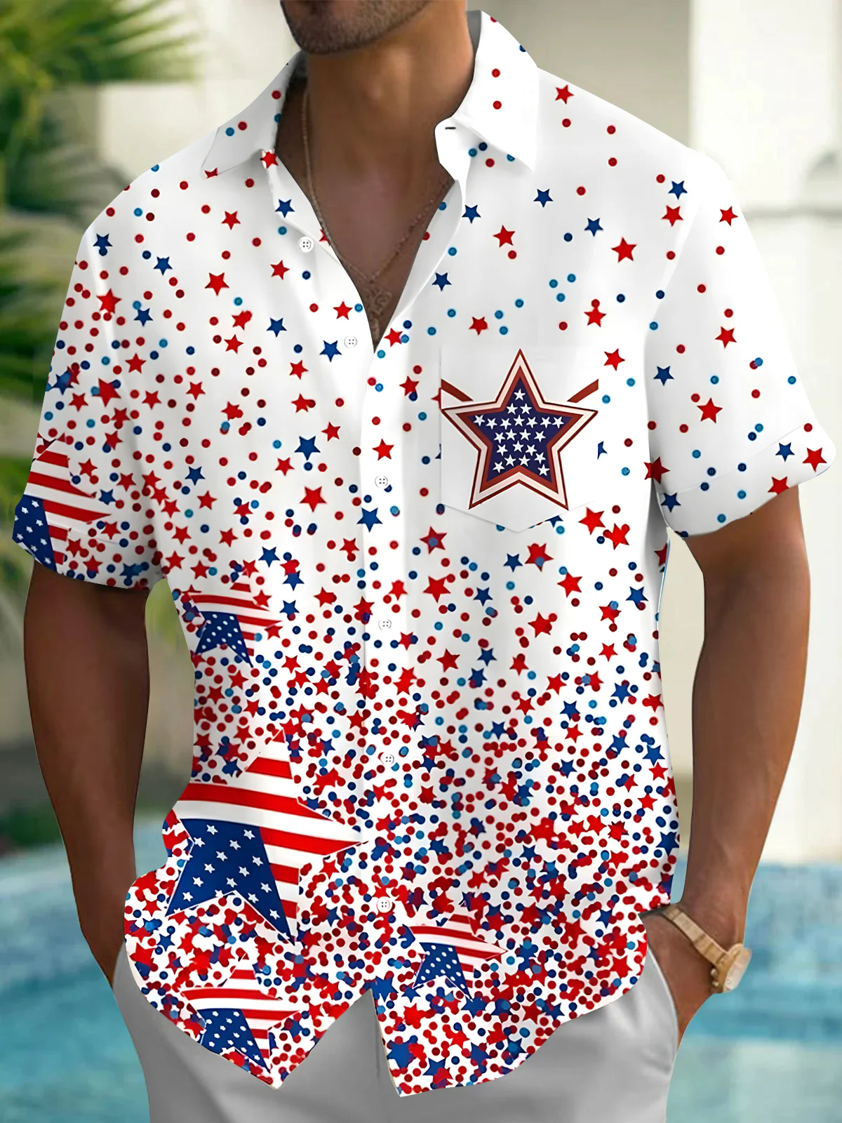 Soft High Elasticity Casual Regular Independence Day American Flag  Hawaiian Shirt