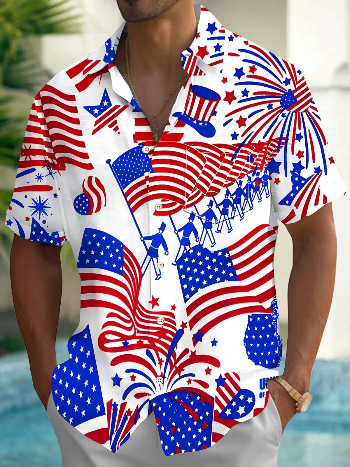Soft High Elasticity Casual Regular Independence Day American Flag  Hawaiian Shirt