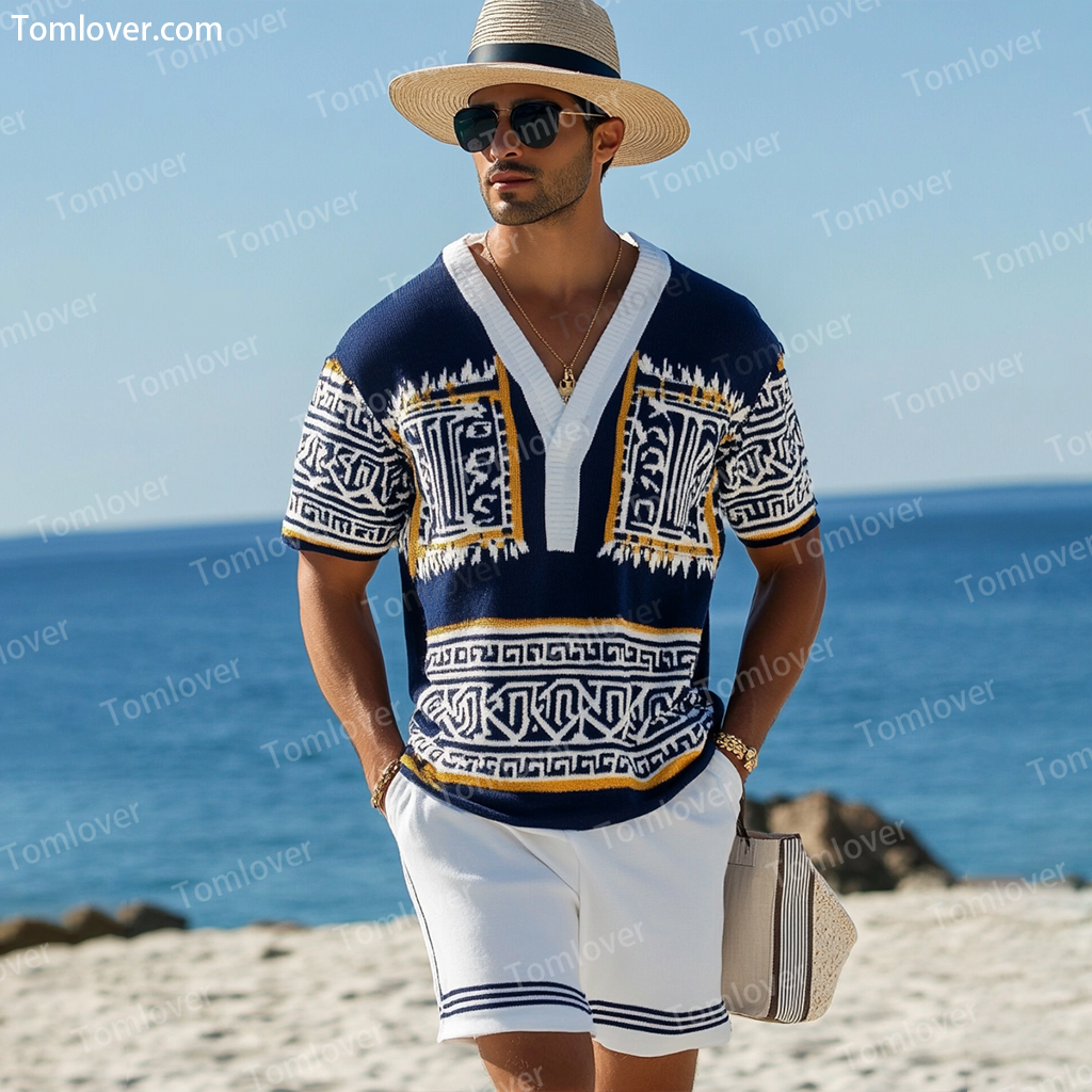Men's V-neck luxury textured print shorts Set