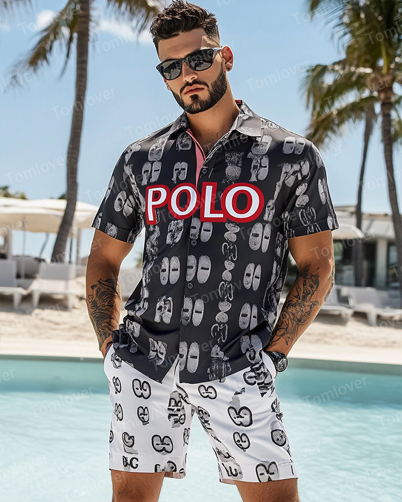 Men's Vintage Beige Splicing Print POLO Short Sleeve Shorts Suit