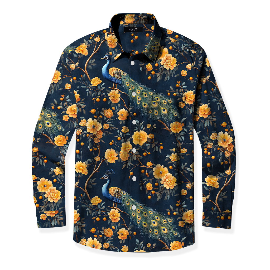 Men's Mid Cotton Button-down Aloha Shirt fashion printed pattern long-sleeved Shirt