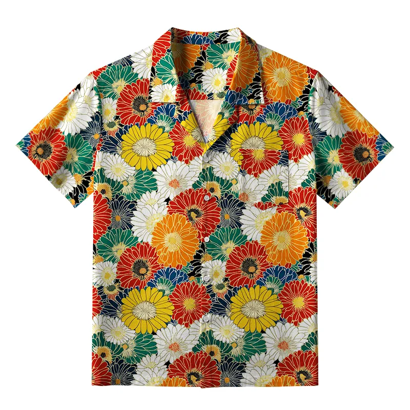 Soft High Elasticity Casual Tropical  Colorful Chrysanthemums Aloha Hawaiian Shirt